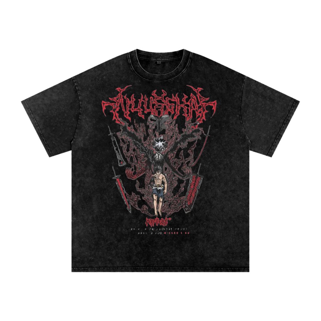 Black t-shirt with graphic design and text on a white background