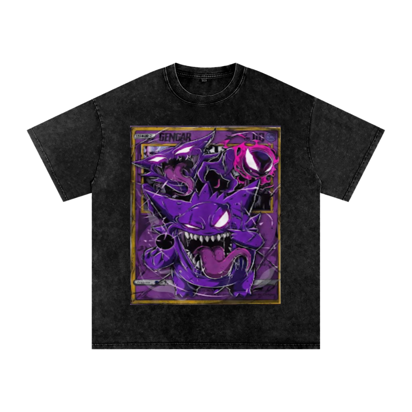 Black t-shirt with a purple and gold Gengar graphic on a white background