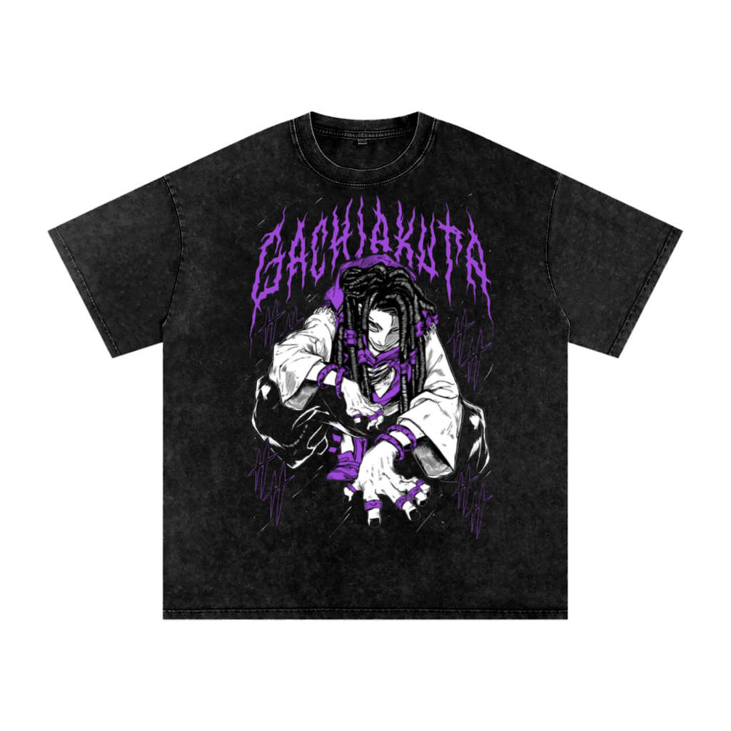 Black anime t-shirt with graphic design and text on a white background