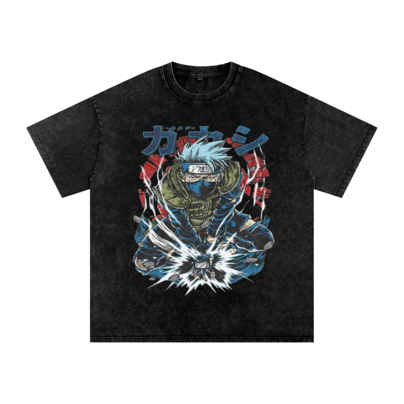 Black t-shirt with a graphic design of  Kakashi Hatake