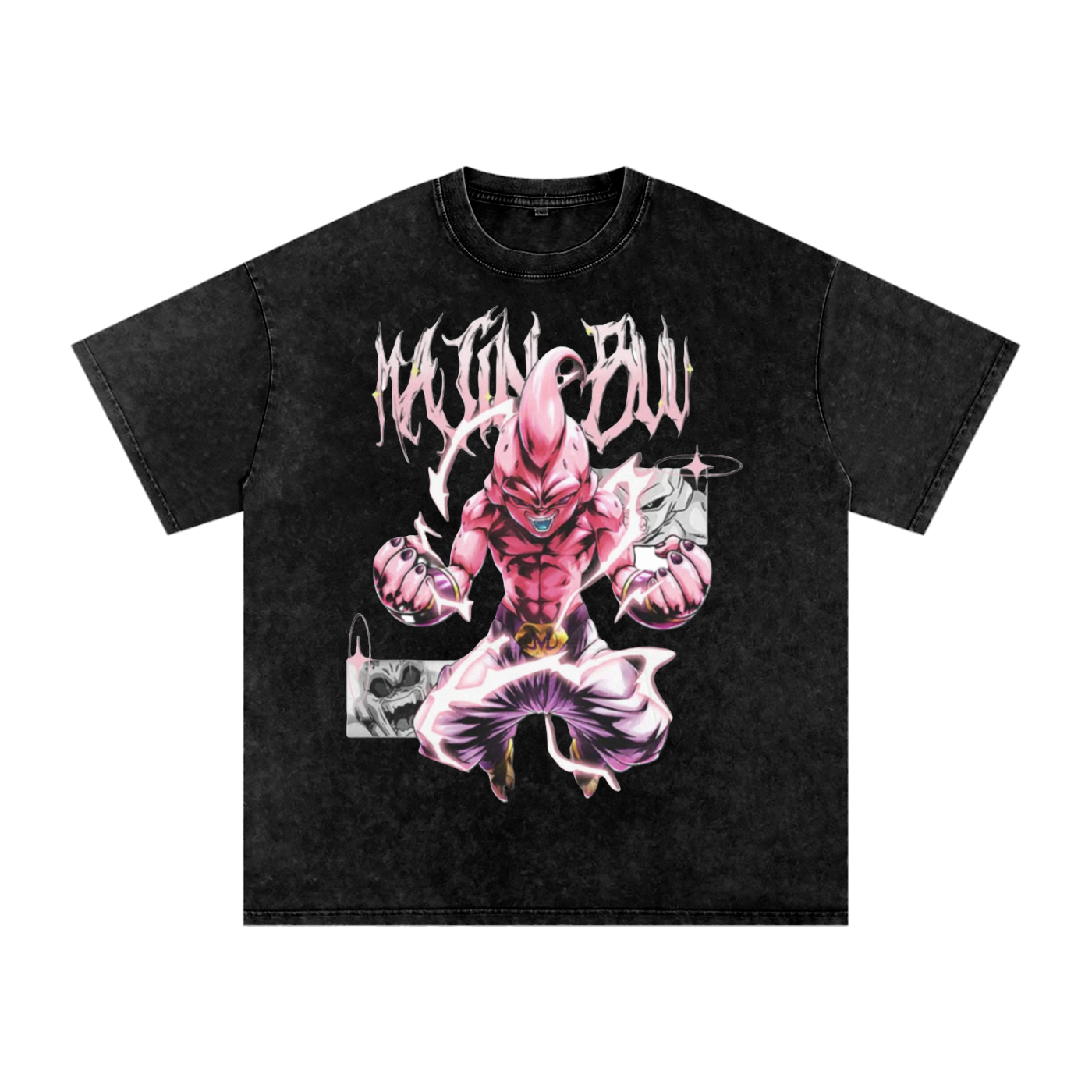 Black t-shirt with a pink character graphic and 'Majin Buu' text on a white background