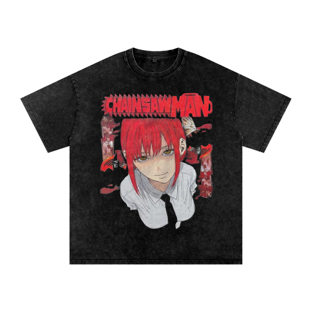 Black t-shirt with Chainsaw Man graphic design on a white background