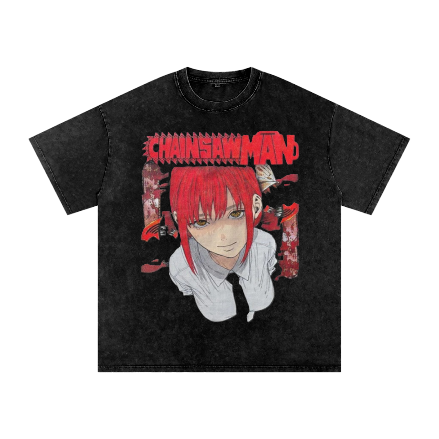 Black t-shirt with Chainsaw Man graphic design on a white background