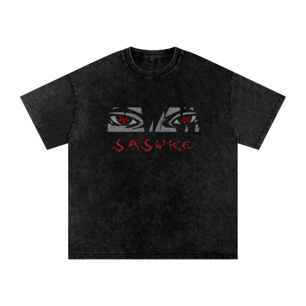 Black t-shirt with 'Sasuke' logo on a white background