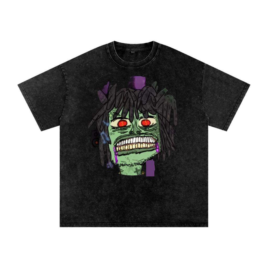 Black t-shirt with a green monster graphic on a white background